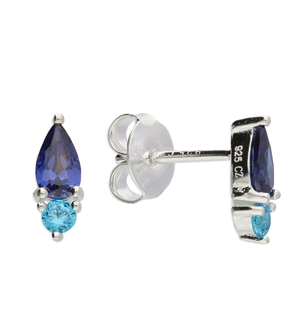 Blue Two Tone Cubic Zirconia Stud - Silver